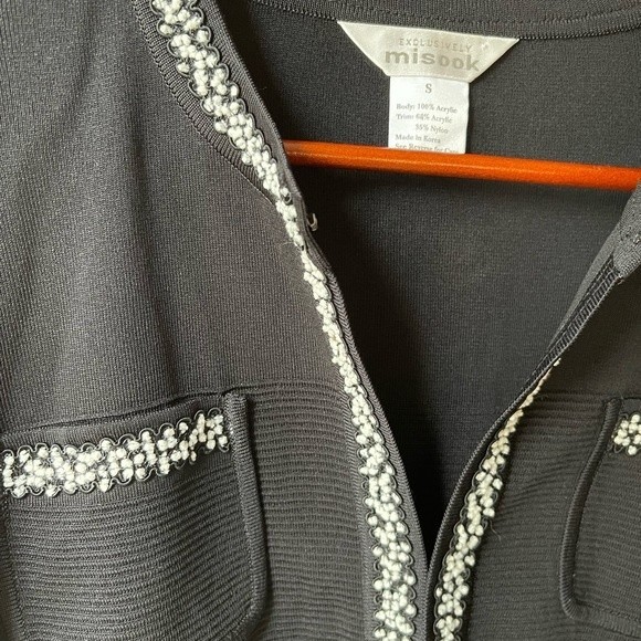 Exclusively Misook Black Evening Open Jacket 3/4 Sleeves Clasp White Trim S - Picture 2 of 3